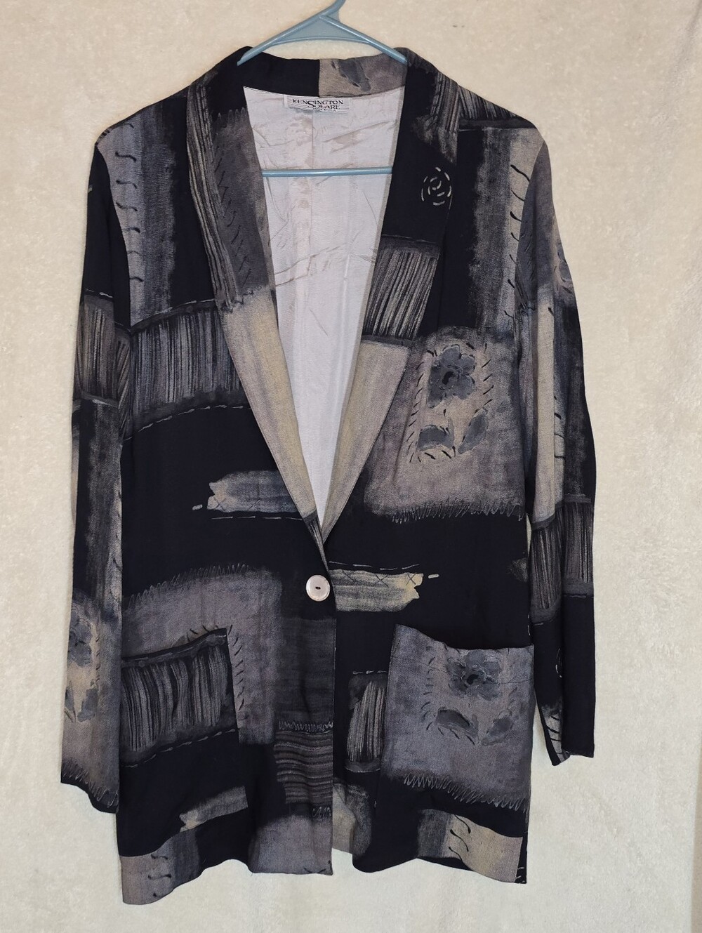 Vtg 80s Kensington Square Abstract Blazer Size Large Wearable Art Black Tan